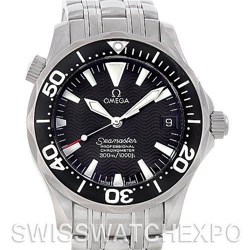The image shows the front view of an Omega Seamaster 2252.50.00 Men's Stainless Steel Black Dial 2252.50.00 Men's Stainless Steel Black Dial watch, displaying its dial, bezel, and bracelet.