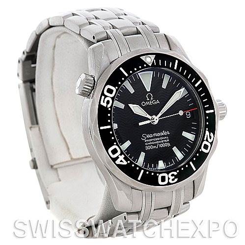 The image shows an Omega Seamaster 2252.50.00 Men's Stainless Steel Black Dial 2252.50.00 Men's Stainless Steel Black Dial watch from a slight side angle, highlighting the band, bezel, dial, and crown.