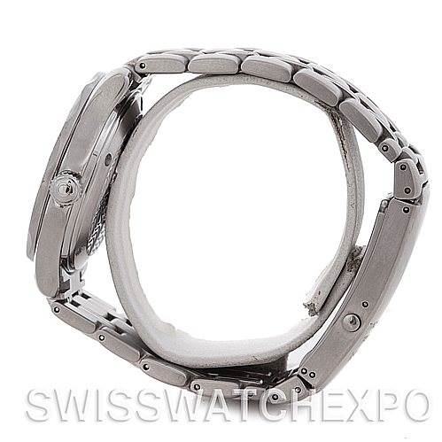 The image shows a side view of an Omega Seamaster 2252.50.00 Men's Stainless Steel Black Dial 2252.50.00 Men's Stainless Steel Black Dial watch, highlighting the case, crown, and bracelet.