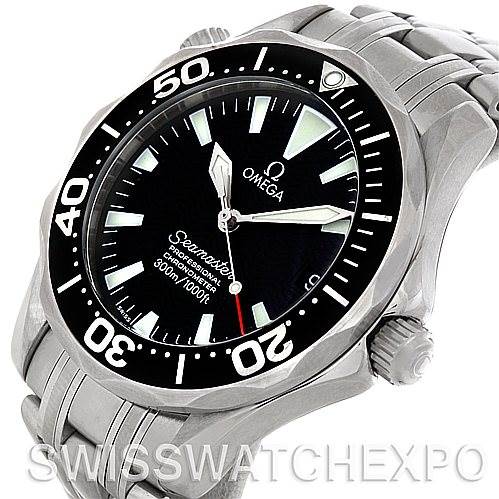 This Omega Seamaster 2252.50.00 Men's Stainless Steel Black Dial 2252.50.00 Men's Stainless Steel Black Dial watch is shown from a front angle, displaying its dial, bezel, and bracelet.