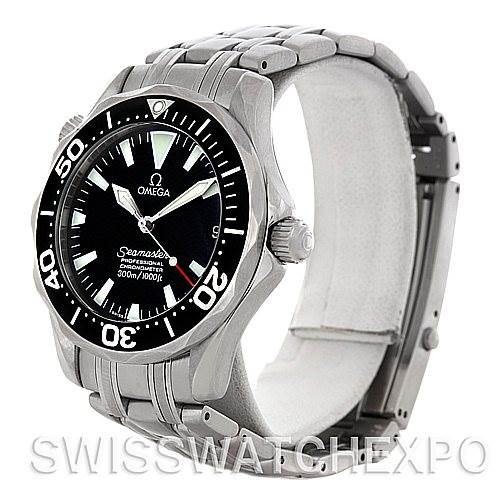 This image shows an Omega Seamaster 2252.50.00 Men's Stainless Steel Black Dial 2252.50.00 Men's Stainless Steel Black Dial watch at a three-quarter angle, highlighting its bezel, face, crown, and metal bracelet.