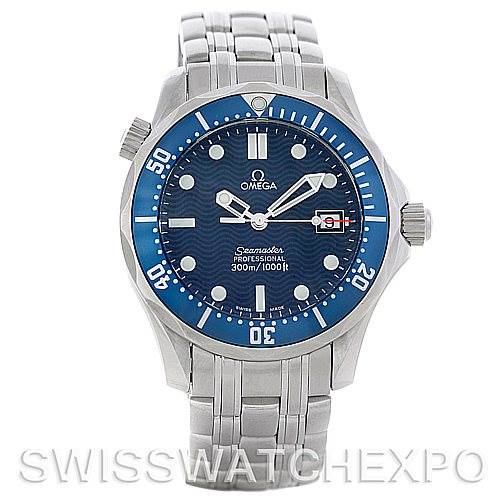 The image shows a front view of the Omega Seamaster 2223.80.00 Men
s Stainless Steel Blue Dial 2223.80.00 Men
s Stainless Steel Blue Dial watch, displaying its blue dial, bezel, hands, bracelet, and date function.