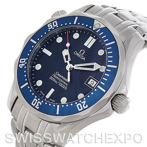 This image shows an Omega Seamaster 2223.80.00 Men
s Stainless Steel Blue Dial 2223.80.00 Men
s Stainless Steel Blue Dial watch angled to display its blue dial, bezel, crown, and part of the bracelet.