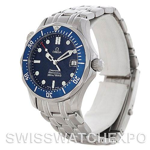The Omega Seamaster 2223.80.00 Men
s Stainless Steel Blue Dial 2223.80.00 Men
s Stainless Steel Blue Dial watch is shown at a three-quarter angle, displaying its face, bezel, crown, and metal bracelet.