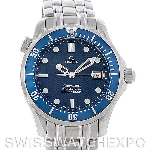 The image shows a front view of the Omega Seamaster 2223.80.00 Men
s Stainless Steel Blue Dial 2223.80.00 Men
s Stainless Steel Blue Dial watch, displaying its blue dial, bezel, and stainless steel bracelet.