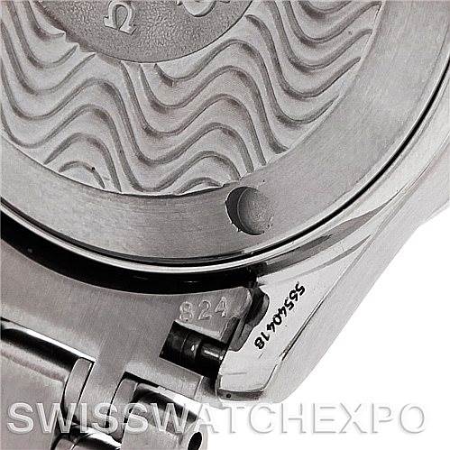 This image shows a close-up of the back and clasp mechanism of an Omega Seamaster 2223.80.00 Men
s Stainless Steel Blue Dial 2223.80.00 Men
s Stainless Steel Blue Dial watch.