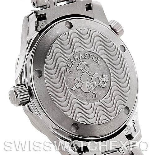 The image shows the case back of an Omega Seamaster 2223.80.00 Men
s Stainless Steel Blue Dial 2223.80.00 Men
s Stainless Steel Blue Dial watch, displaying its wave pattern and engraving.