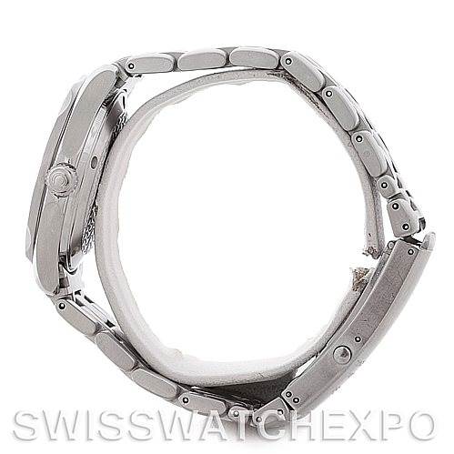 The image shows a side view of an Omega Seamaster 2223.80.00 Men
s Stainless Steel Blue Dial 2223.80.00 Men
s Stainless Steel Blue Dial watch, highlighting the bracelet and case details.