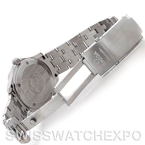 The image shows the back and clasp of an Omega Seamaster 2223.80.00 Men
s Stainless Steel Blue Dial 2223.80.00 Men
s Stainless Steel Blue Dial watch, highlighting the stainless steel bracelet and engraved case back.