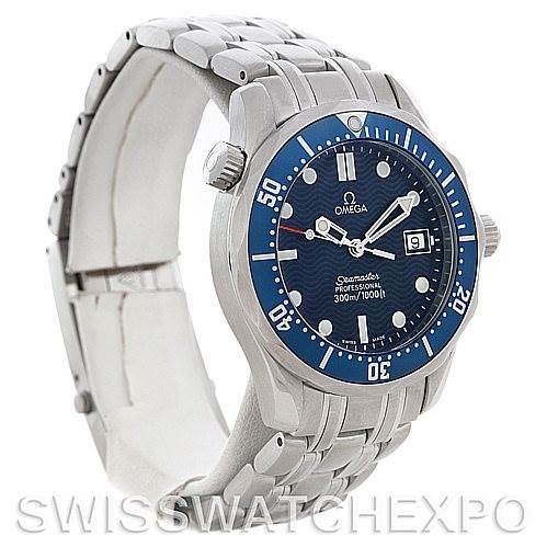 The image shows an Omega Seamaster 2223.80.00 Men
s Stainless Steel Blue Dial 2223.80.00 Men
s Stainless Steel Blue Dial watch at a side angle, highlighting its face, bezel, crown, and metal bracelet.
