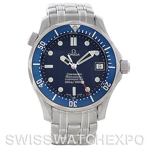 This image shows a frontal view of the Omega Seamaster 2422.80.00 Men's Stainless Steel Blue Dial 2422.80.00 Men's Stainless Steel Blue Dial watch, displaying the dial, hands, markers, and bracelet.