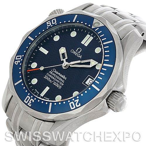 The image shows a close-up angled view of an Omega Seamaster 2422.80.00 Men's Stainless Steel Blue Dial 2422.80.00 Men's Stainless Steel Blue Dial watch, highlighting its blue dial, bezel, and stainless steel bracelet.