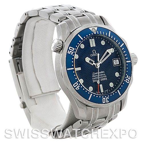 The Omega Seamaster 2422.80.00 Men's Stainless Steel Blue Dial 2422.80.00 Men's Stainless Steel Blue Dial watch is shown at a three-quarter angle, displaying the dial, bezel, and partially open bracelet.