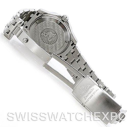 This image shows the back of the Omega Seamaster 2422.80.00 Men's Stainless Steel Blue Dial 2422.80.00 Men's Stainless Steel Blue Dial watch, showcasing the case back and part of the bracelet with the clasp open.