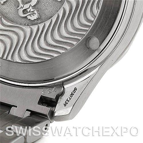 The image shows the back and part of the bracelet of an Omega Seamaster 2422.80.00 Men's Stainless Steel Blue Dial 2422.80.00 Men's Stainless Steel Blue Dial watch, with visible engravings and the brand's logo.