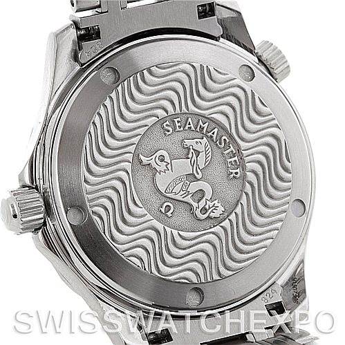 The image shows the case back and part of the bracelet of an Omega Seamaster 2422.80.00 Men's Stainless Steel Blue Dial 2422.80.00 Men's Stainless Steel Blue Dial watch, featuring a wave pattern and engraved logo.