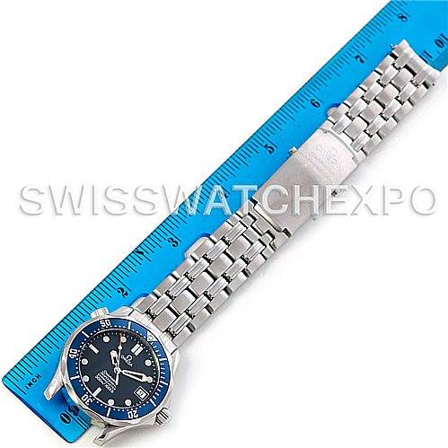 The image shows an Omega Seamaster 2422.80.00 Men's Stainless Steel Blue Dial 2422.80.00 Men's Stainless Steel Blue Dial watch placed next to a ruler, displaying the watch face and stainless steel bracelet.