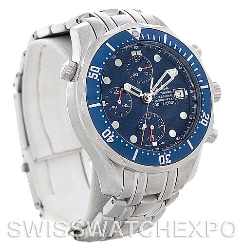 The image shows a side and front angle of an Omega Seamaster 2599.80 Men's Stainless Steel Blue Dial 2599.80 Men's Stainless Steel Blue Dial watch, highlighting its blue dial, bezel, and metal bracelet.