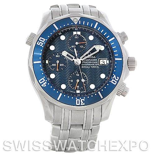 This image shows a front view of the Omega Seamaster 2599.80 Men's Stainless Steel Blue Dial 2599.80 Men's Stainless Steel Blue Dial watch, highlighting its blue dial, bezel, and stainless steel bracelet.