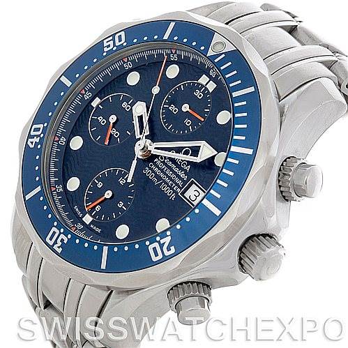 The image shows an angled view of the Omega Seamaster 2599.80 Men's Stainless Steel Blue Dial 2599.80 Men's Stainless Steel Blue Dial watch, highlighting the face, bezel, buttons, and part of the metal bracelet.