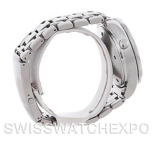 The image shows a side view of the Omega Seamaster 2599.80 Men's Stainless Steel Blue Dial 2599.80 Men's Stainless Steel Blue Dial watch, highlighting its bracelet, case, and crown.