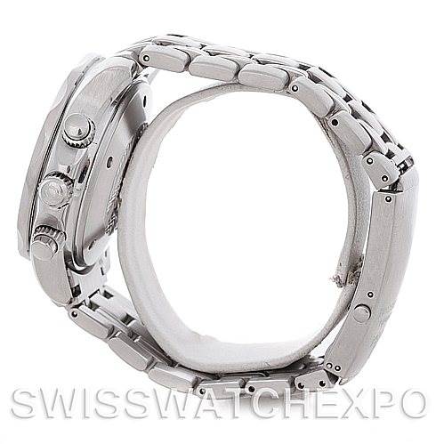 The image shows a side view of the Omega Seamaster 2599.80 Men's Stainless Steel Blue Dial 2599.80 Men's Stainless Steel Blue Dial watch, highlighting the crown, pushers, and bracelet.