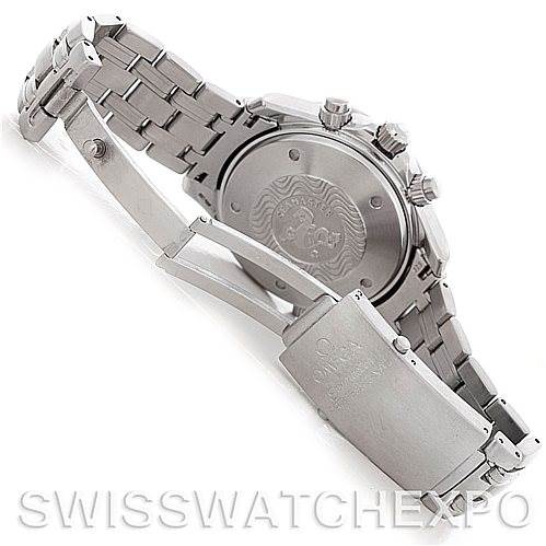 A Seamaster model by Omega is shown from the back, highlighting its caseback, bracelet, and clasp.