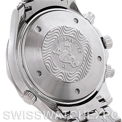 The image shows the backside of the Omega Seamaster 2599.80 Men's Stainless Steel Blue Dial 2599.80 Men's Stainless Steel Blue Dial watch, highlighting its case back and part of its bracelet.