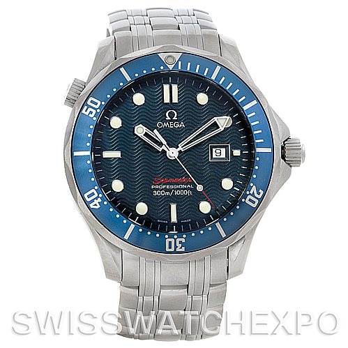 The image shows a front-facing view of an Omega Seamaster 2221.80 Men's Stainless Steel Blue Dial 2221.80 Men's Stainless Steel Blue Dial watch, displaying its blue dial, bezel, and stainless steel bracelet.