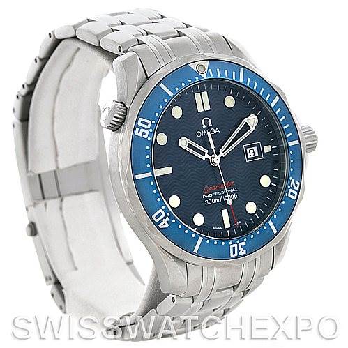 The image shows a front-left angled view of an Omega Seamaster 2221.80 Men's Stainless Steel Blue Dial 2221.80 Men's Stainless Steel Blue Dial watch, highlighting the dial, bezel, case, and bracelet.