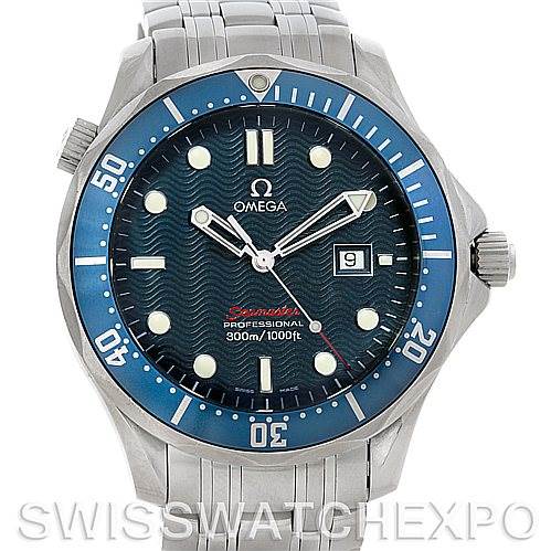 The image shows the front view of an Omega Seamaster 2221.80 Men's Stainless Steel Blue Dial 2221.80 Men's Stainless Steel Blue Dial watch, displaying its dial, bezel, and part of its metal bracelet.
