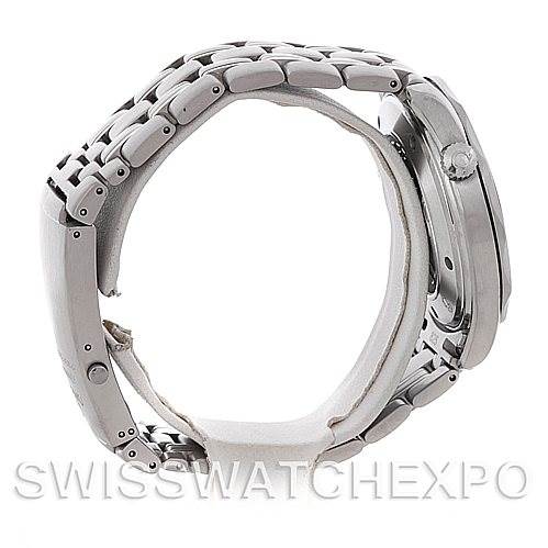 This is a side view of an Omega Seamaster 2221.80 Men's Stainless Steel Blue Dial 2221.80 Men's Stainless Steel Blue Dial watch showing the bracelet, case, and crown.