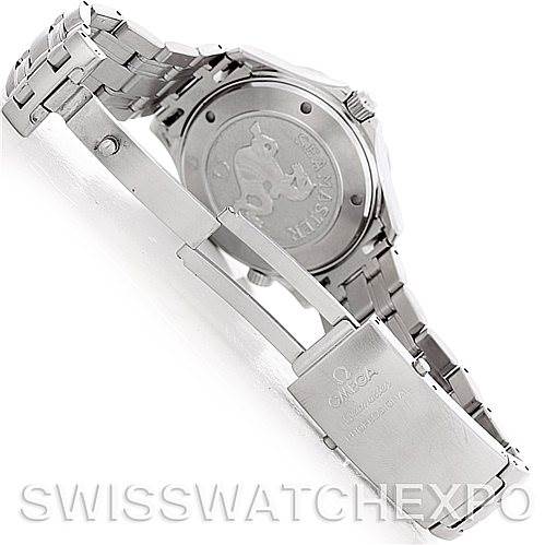 The image showcases the back and clasp of an Omega Seamaster 2221.80 Men's Stainless Steel Blue Dial 2221.80 Men's Stainless Steel Blue Dial watch, emphasizing its stainless steel bracelet.