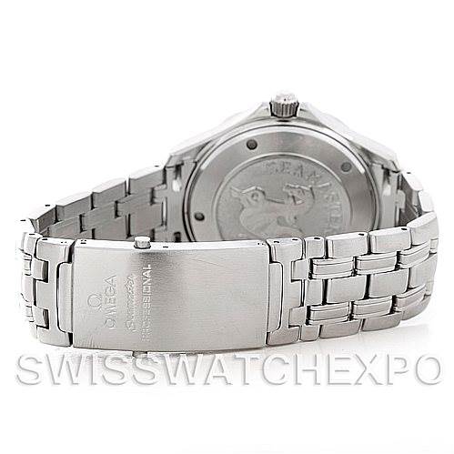 The image shows the back case and bracelet of an Omega Seamaster 2221.80 Men's Stainless Steel Blue Dial 2221.80 Men's Stainless Steel Blue Dial watch at a slight angle.