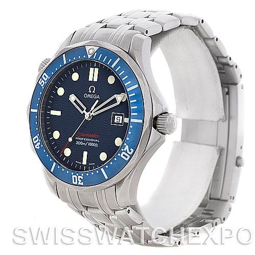 The image shows a frontal angle of an Omega Seamaster 2221.80 Men's Stainless Steel Blue Dial 2221.80 Men's Stainless Steel Blue Dial watch, displaying its blue dial, bezel, stainless steel bracelet, and date window.