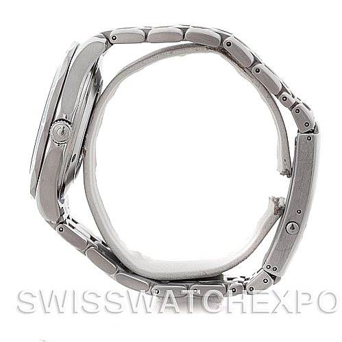 The image shows a side profile view of an Omega Seamaster 2221.80 Men's Stainless Steel Blue Dial 2221.80 Men's Stainless Steel Blue Dial watch, highlighting its case, crown, and bracelet.