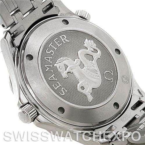 The image shows the case back and part of the bracelet of an Omega Seamaster 2221.80 Men's Stainless Steel Blue Dial 2221.80 Men's Stainless Steel Blue Dial watch, highlighting its intricate engravings.