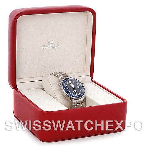 This image shows an Omega Seamaster 2226.80 Men's Stainless Steel Blue Dial 2226.80 Men's Stainless Steel Blue Dial watch displayed in its open red case, resting on a cushion at a slight angle.