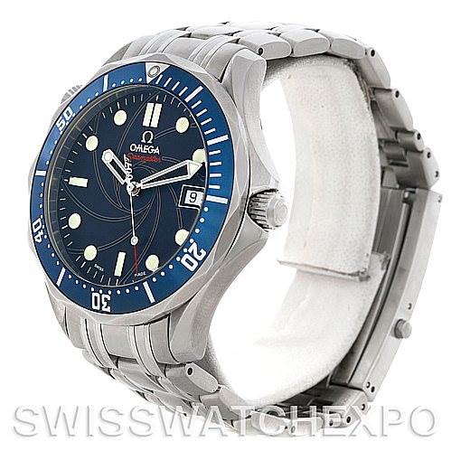 The image shows an Omega Seamaster 2226.80 Men's Stainless Steel Blue Dial 2226.80 Men's Stainless Steel Blue Dial watch at a three-quarter angle, highlighting the dial, bezel, case, and stainless steel bracelet.