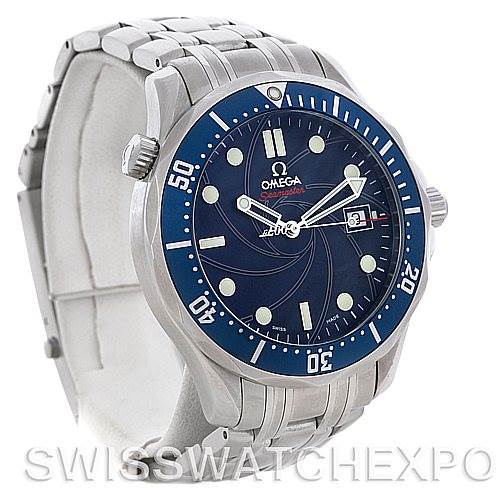 The image shows a full view of an Omega Seamaster 2226.80 Men's Stainless Steel Blue Dial 2226.80 Men's Stainless Steel Blue Dial watch, highlighting its face, bezel, crown, and bracelet.