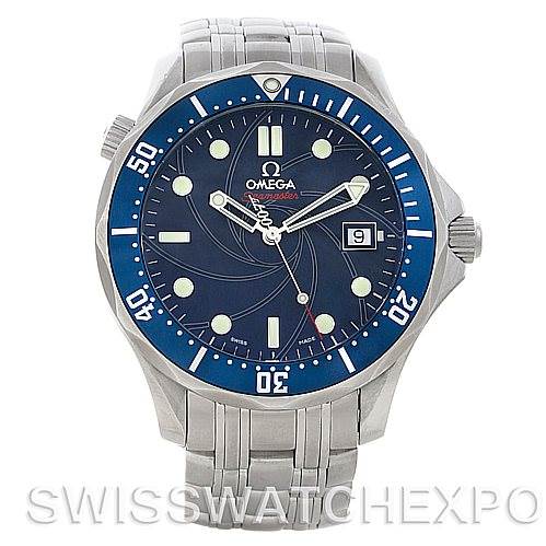 The image shows a frontal view of the Omega Seamaster 2226.80 Men's Stainless Steel Blue Dial 2226.80 Men's Stainless Steel Blue Dial watch, displaying the face, bezel, and part of the band.