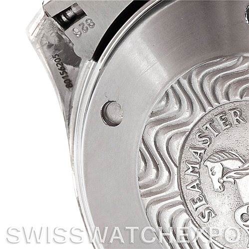 The image shows a close-up of the back case and engraving on an Omega Seamaster 2598.80.00 Men's Stainless Steel Blue Dial 2598.80.00 Men's Stainless Steel Blue Dial watch.