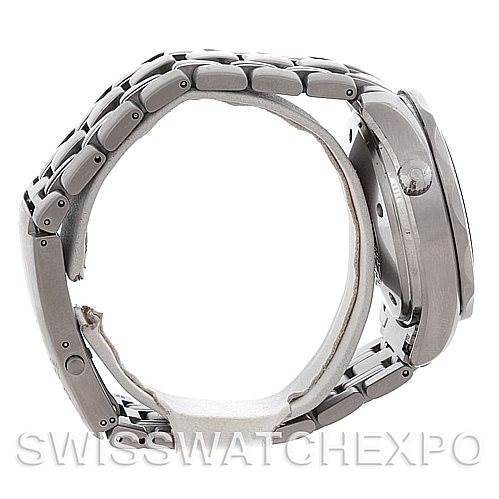 The image shows a side view of an Omega Seamaster 2598.80.00 Men's Stainless Steel Blue Dial 2598.80.00 Men's Stainless Steel Blue Dial watch, highlighting its metal bracelet and case.