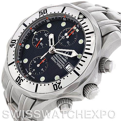 The image shows a close-up of an Omega Seamaster 2598.80.00 Men's Stainless Steel Blue Dial 2598.80.00 Men's Stainless Steel Blue Dial watch at a slight angle, highlighting the dial, bezel, chronograph buttons, and stainless steel bracelet.