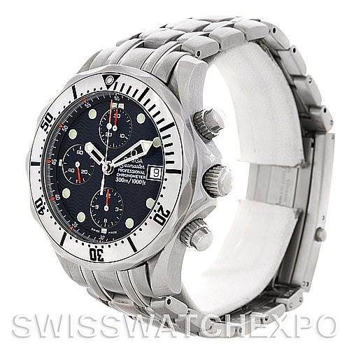 The image shows a side angle of an Omega Seamaster 2598.80.00 Men's Stainless Steel Blue Dial 2598.80.00 Men's Stainless Steel Blue Dial watch, highlighting its dial, bezel, crown, pushers, and bracelet.