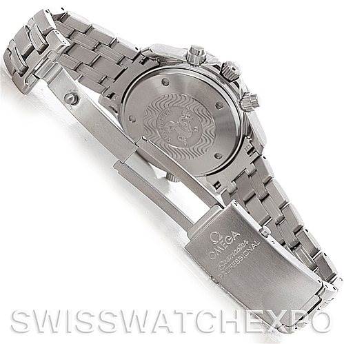 This image shows the back and buckle of the Omega Seamaster 2598.80.00 Men's Stainless Steel Blue Dial 2598.80.00 Men's Stainless Steel Blue Dial watch, highlighting its stainless steel bracelet and closed clasp.