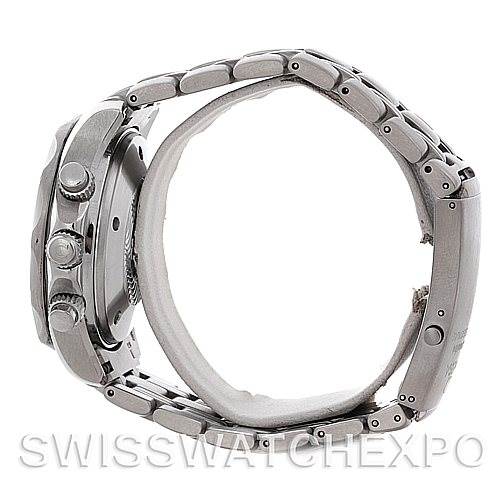 The image shows a side view of the Omega Seamaster 2598.80.00 Men's Stainless Steel Blue Dial 2598.80.00 Men's Stainless Steel Blue Dial watch, highlighting its buttons, crown, case, and metal bracelet.