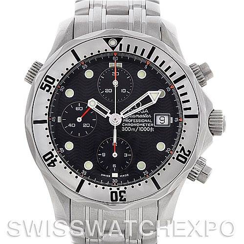 This image shows a front view of the Omega Seamaster 2598.80.00 Men's Stainless Steel Blue Dial 2598.80.00 Men's Stainless Steel Blue Dial Professional Chronometer watch, highlighting its dial, bezel, and chronograph subdials.