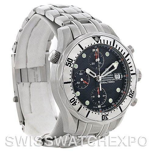 This image shows an angled side view of the Omega Seamaster 2598.80.00 Men's Stainless Steel Blue Dial 2598.80.00 Men's Stainless Steel Blue Dial watch, highlighting its dial, bezel, and metal bracelet.