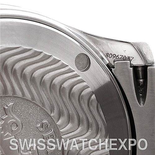 This image shows the case back of an Omega Seamaster 2562.80.00 Men's Stainless Steel Blue Dial 2562.80.00 Men's Stainless Steel Blue Dial watch with a focus on the engraving and wavy pattern.